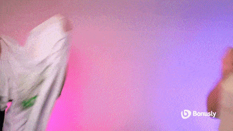 Animated GIF with a Bonusly-branded t-shirt and tote bag being danced in front of a multicolored background