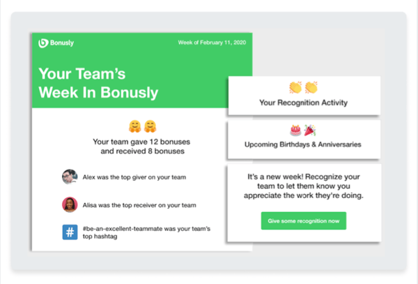 Bonusly's Manager Digest shows your team's week in Bonusly