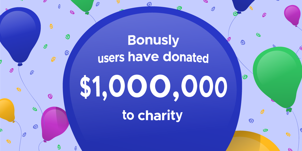 Illustration of balloons with the text "Bonusly users have donated $1,000,000 to charity"