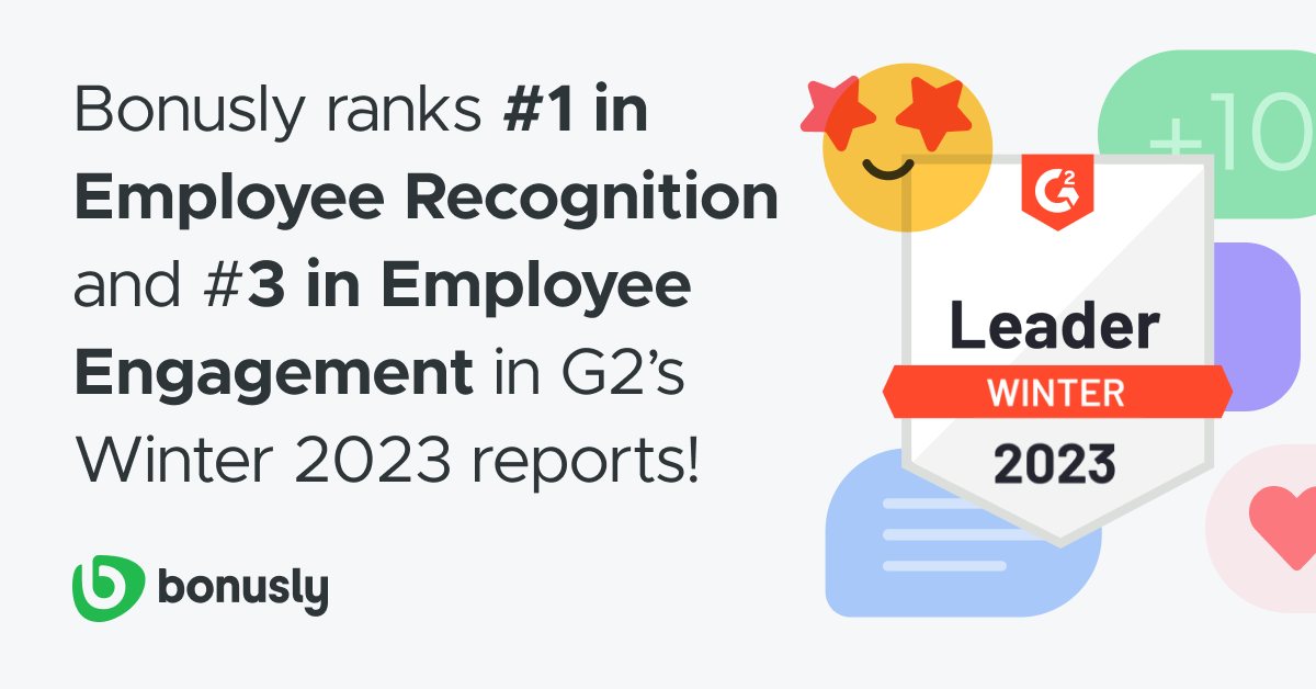 Bonusly ranks #1 in Employee Recognition and #3 in Employee Engagement in G2's Winter 2023 reports!