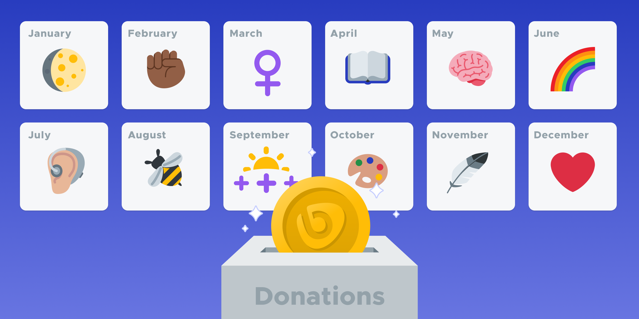 Illustration of a donation collections box receiving a Bonusly coin in front of an annual calendar with different emoji depicting each month's history or awareness focus