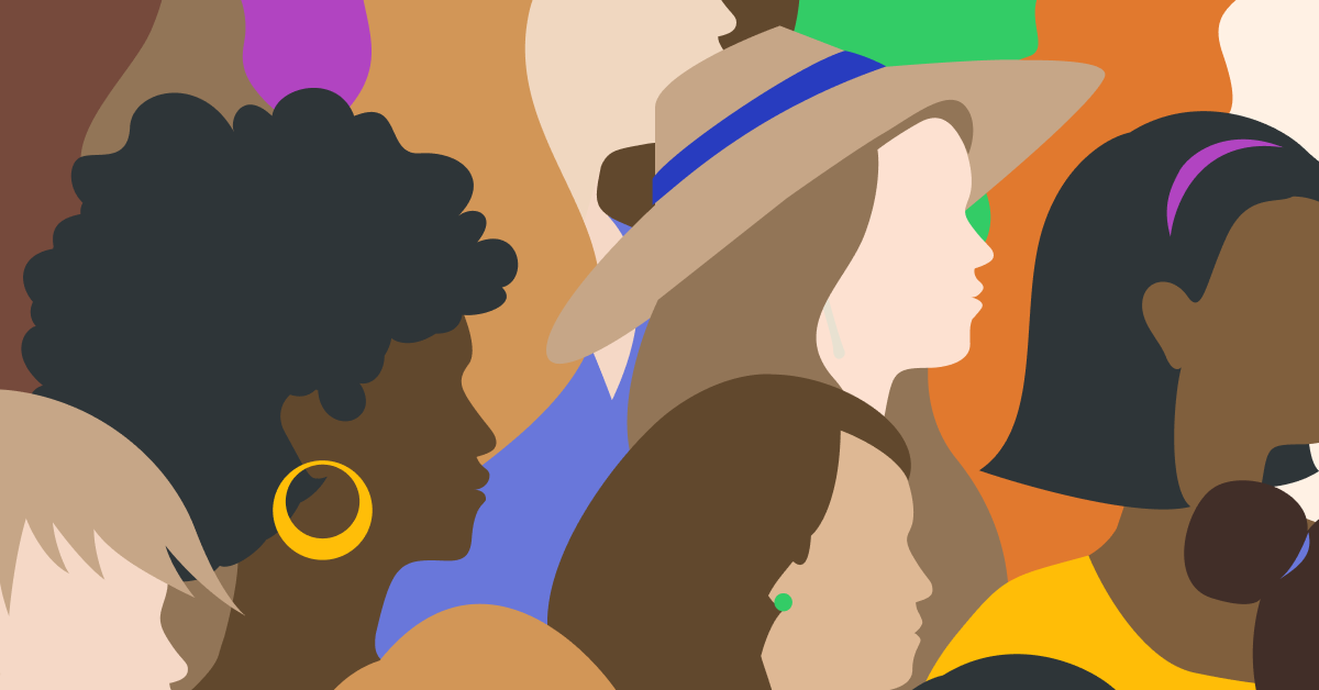 Illustration of many women with different skin colors in profile and looking to the right, perhaps to the future