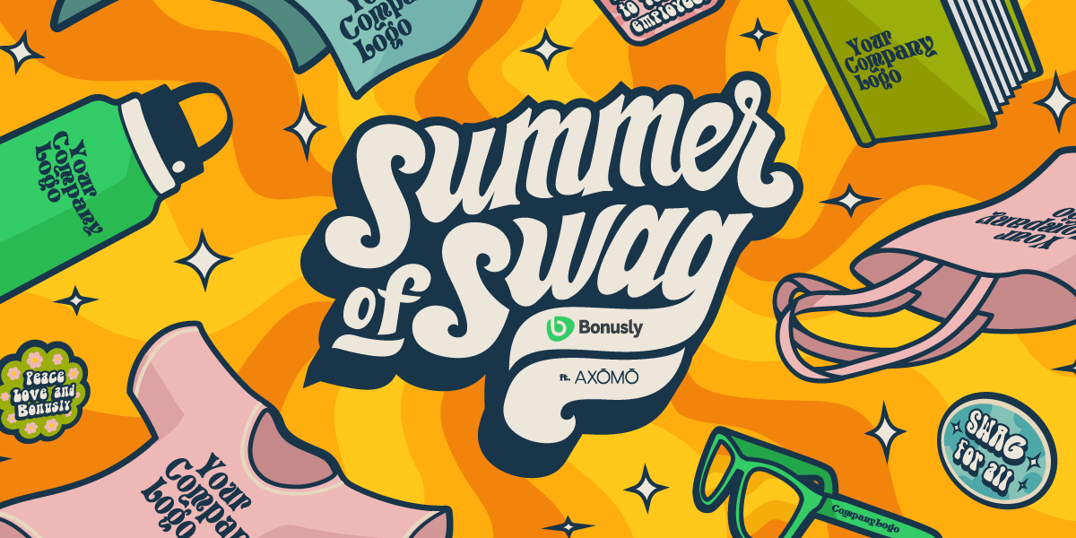 Groovy illustration with a creamsicle orange swirl background and big cursive text that says "Summer of Swag" in the center with the Bonusly and AXOMO logos below. Scattered around the image are illustrations of sunglasses, t-shirts, bags, and water bottle swag items with the placeholder text "Your company logo" 