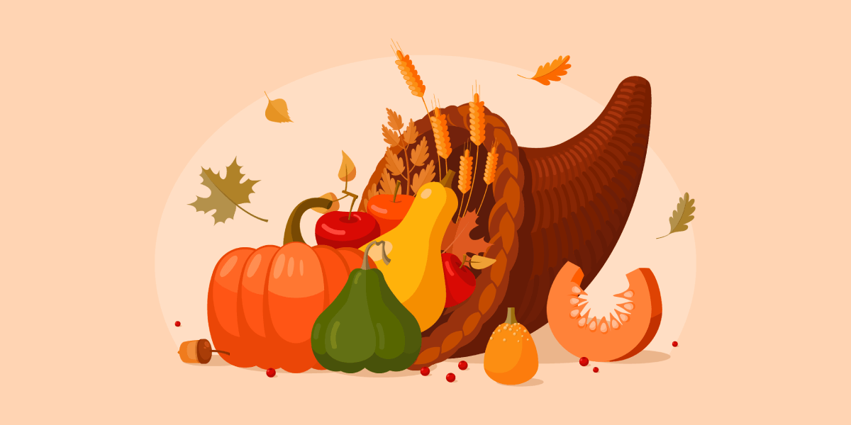 Illustration of a traditional Thanksgiving cornucopia