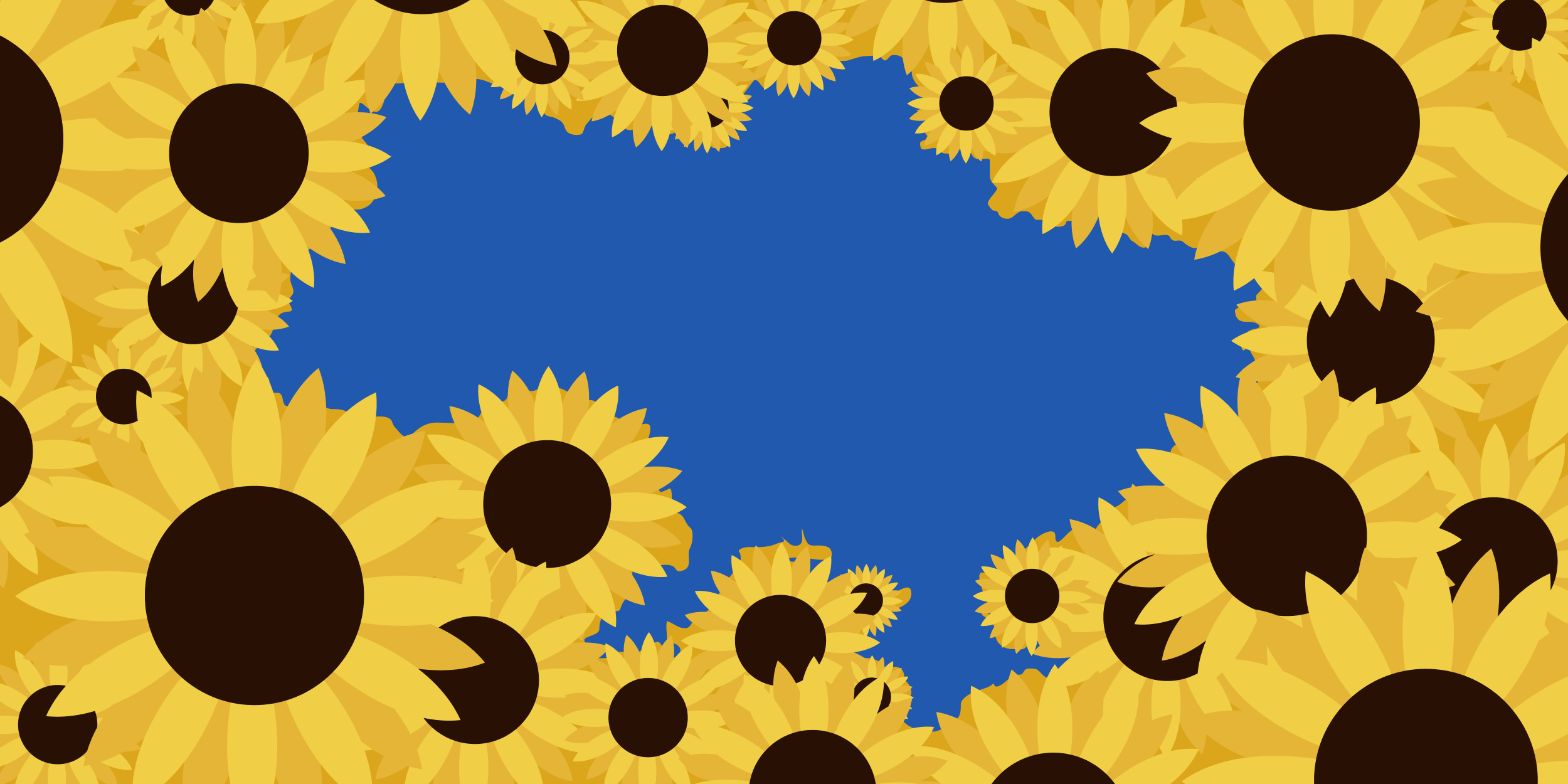 Illustration with sunflowers of various sizes placed on a blue background to create an outline the shape of Ukraine